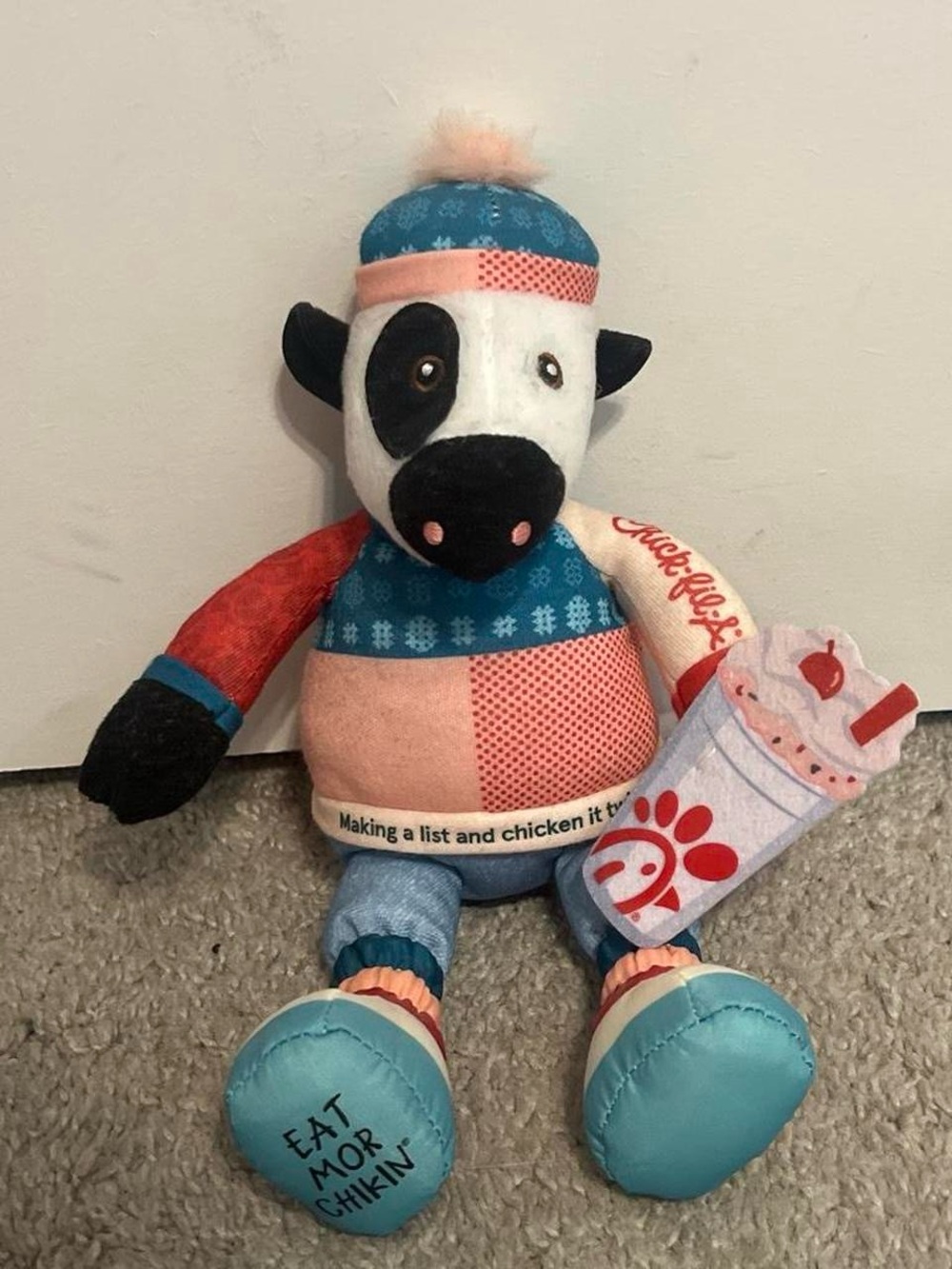Chick-fil-A Plush Cow in Blue & Pink Winter Outfit